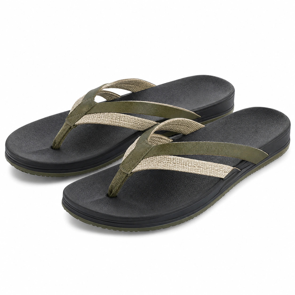 Infradito 40/41 con fasce in tessuto verde e beige - suola nera antiscivolo per tempo libero