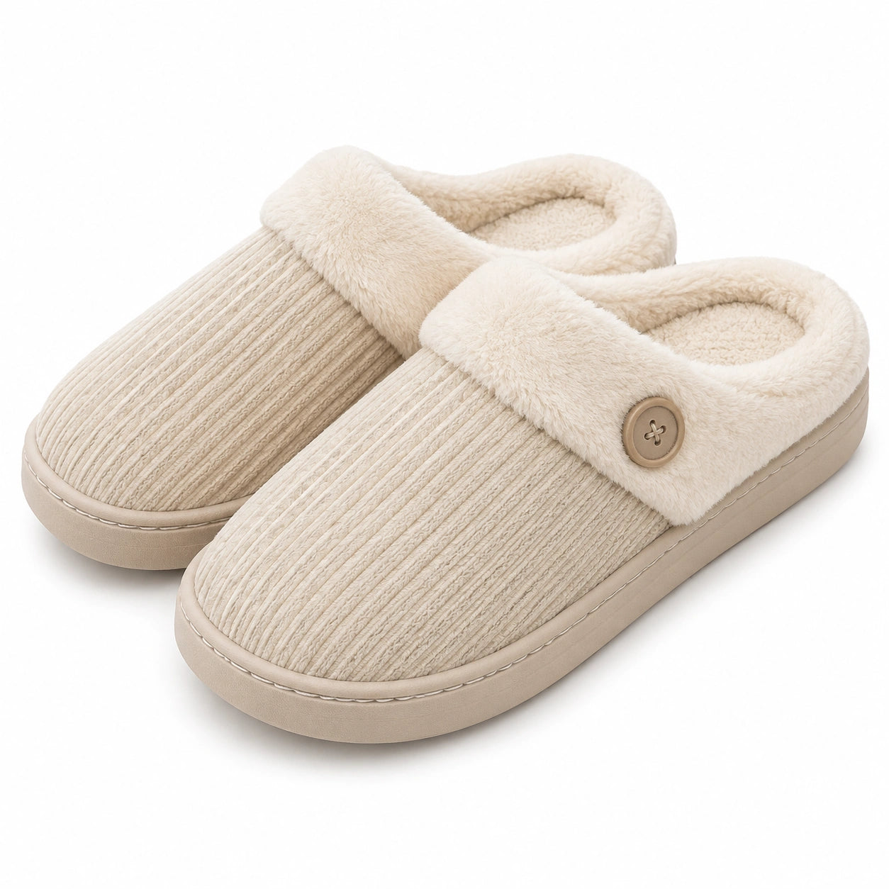 Pantofole da donna 40/41 in tessuto beige con fodera effetto pelliccia - suola piatta per interno