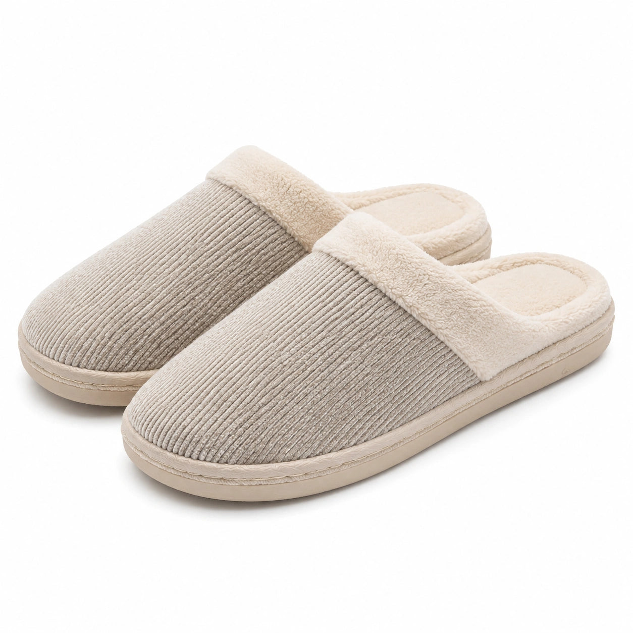 Pantofole da casa 36/37 in tessuto a coste beige con bordo peluche